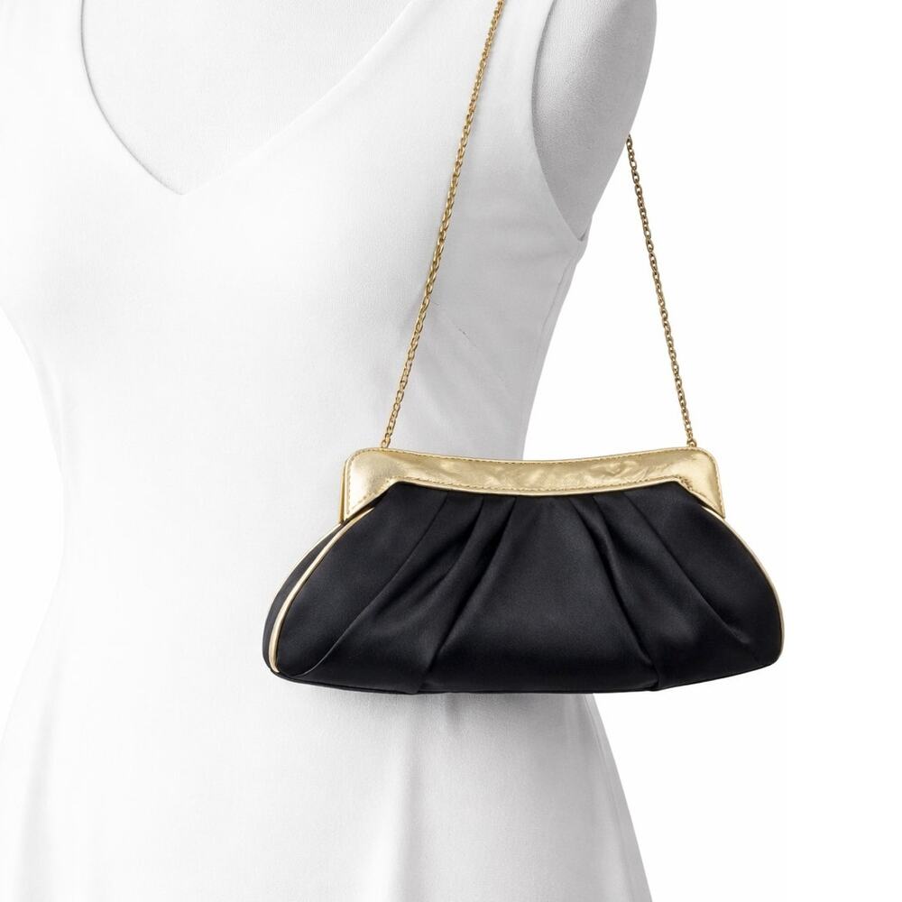 Franchi Black Pleated Clutch Gold Frame Evening Bag Chain Strap 10" EUC Formal